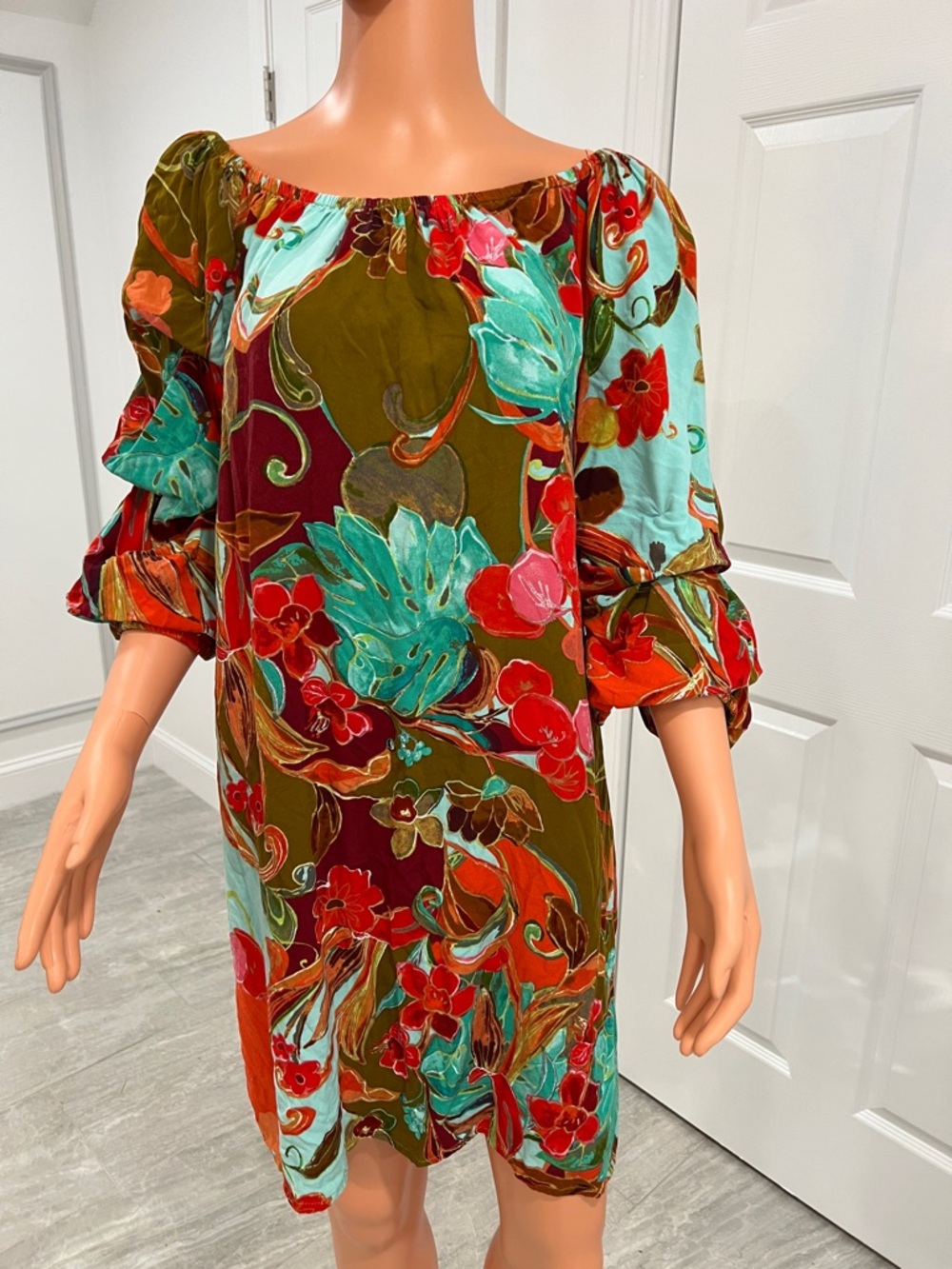 MSK Olive, Aqua & Red Floral Off-Shoulder Mini Dress